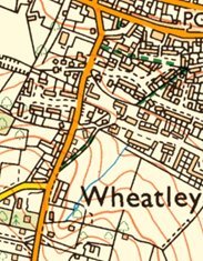 Betty Brown's Spring shown on current OS map as a thin blue line crossing from south to north over the ‘W’ of Wheatley